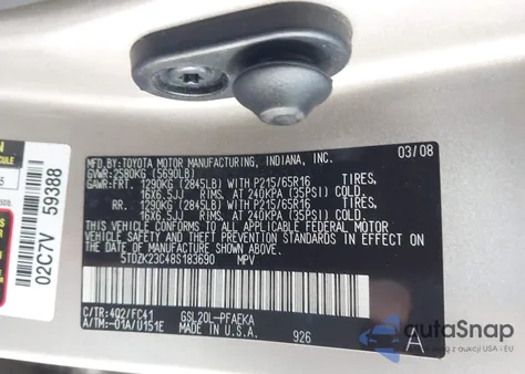 2008 Toyota Sienna Le z USA, uszkodzony, nr VIN 5TDZK23C48S183690